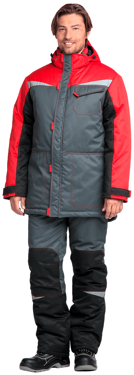 Костюм КМ-10 ЛЮКС, утеплённый, серый-чёрный-красный